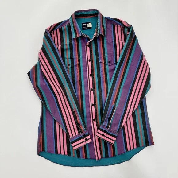 Vtg Wrangler Brushpopper Shirt 17 36 Western Rodeo Cowboy Pink Purple Teal 90s